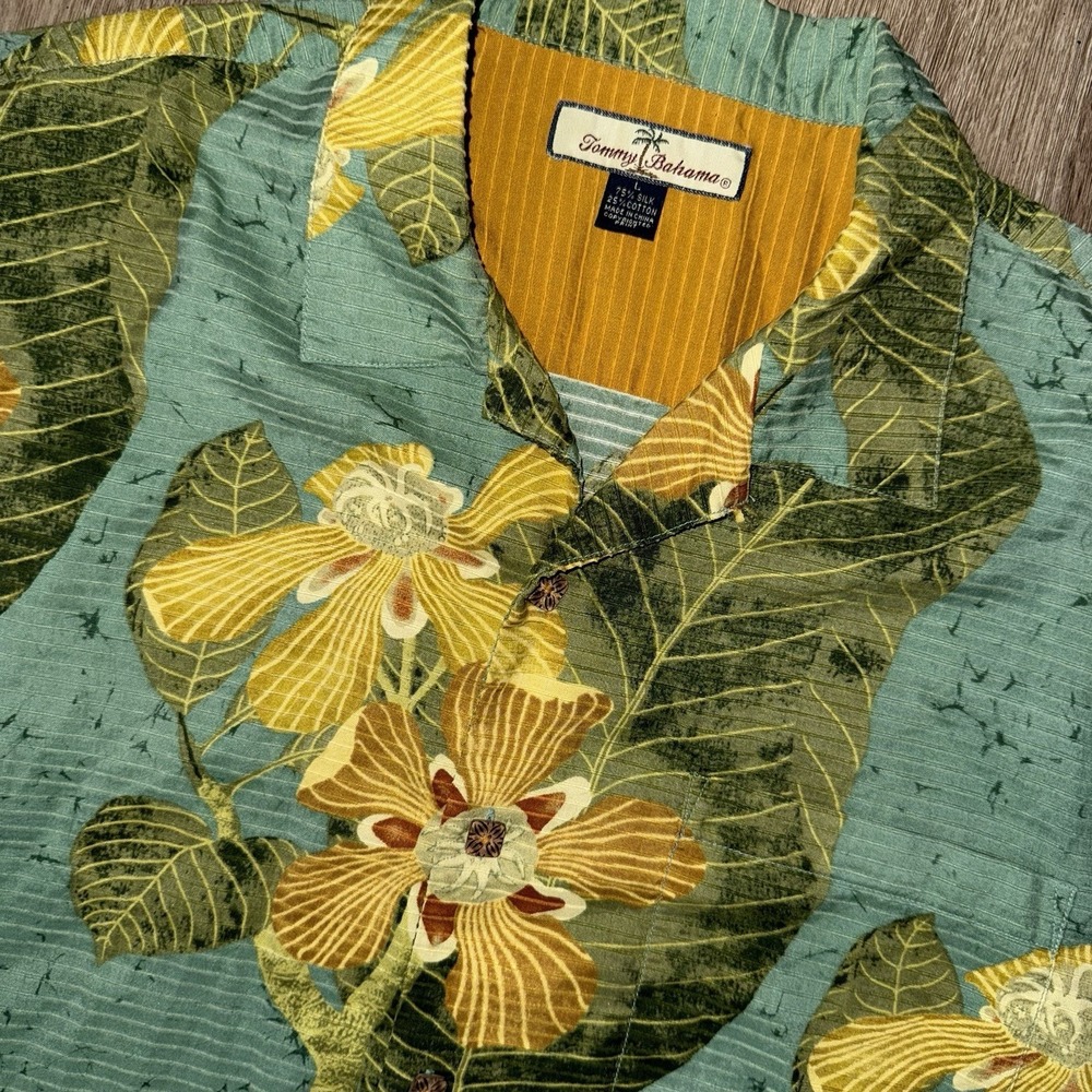 Tommy Bahama Silk Cotton Camp Shirt Colorful Floral Leaves Men's Large Textured